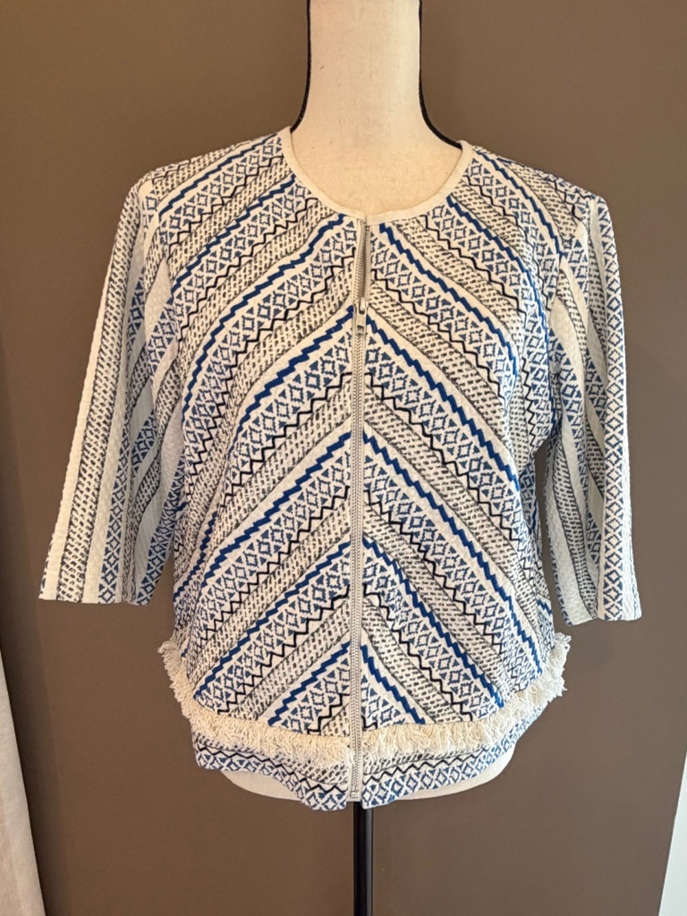 Guess Blazer Jacket Blue & Gray Tweed Boho, Hippy Fringe Detail, Office, Size L